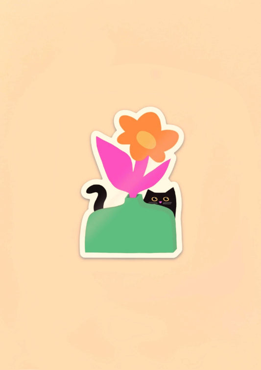 Green Vase Cat Vinyl Sticker