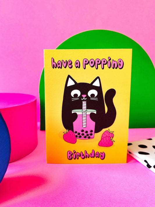 Bubble Tea Cat Greetings Card